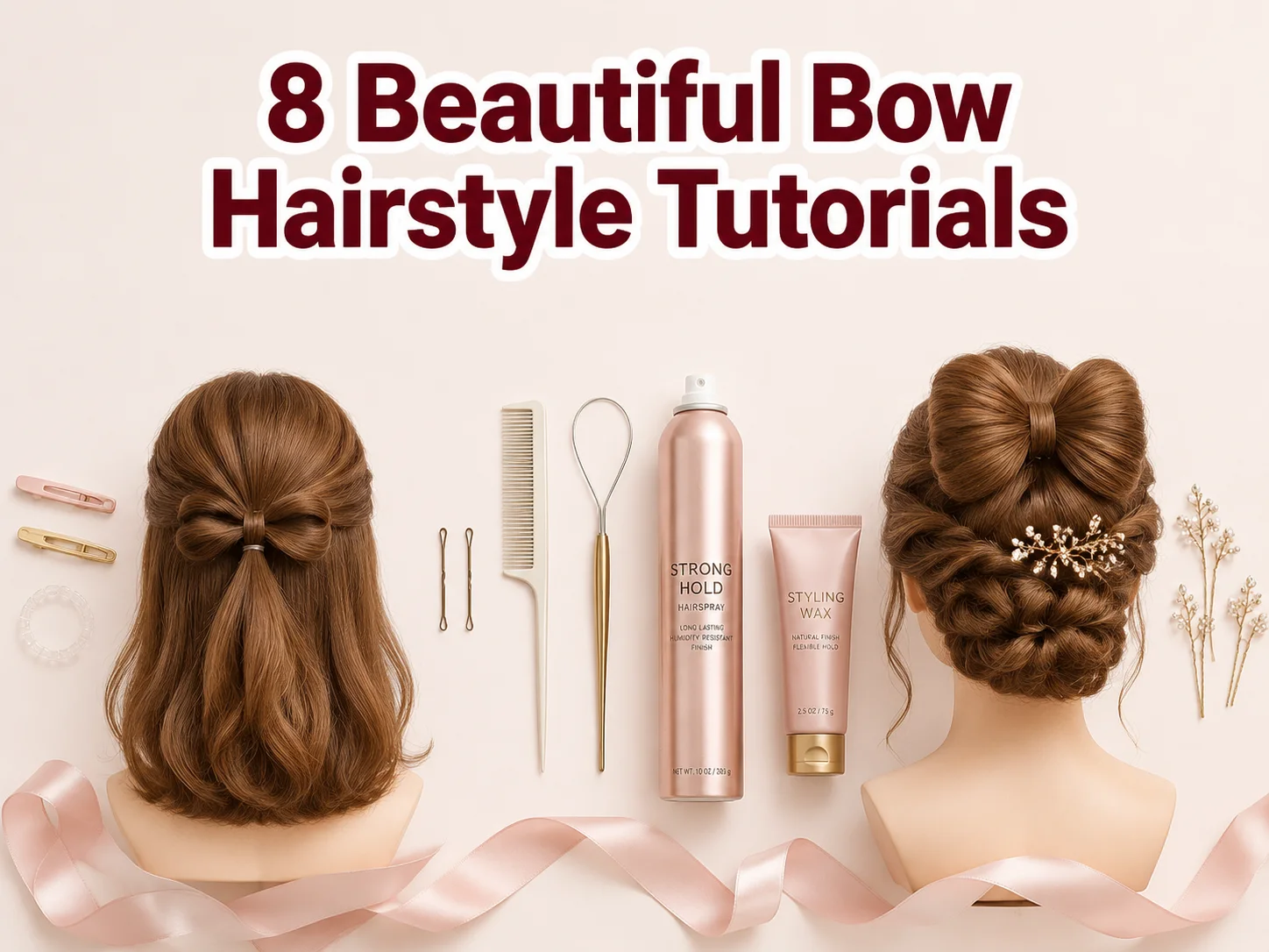Bow hairstyle tutorials flat lay progression mannequin tools ribbon