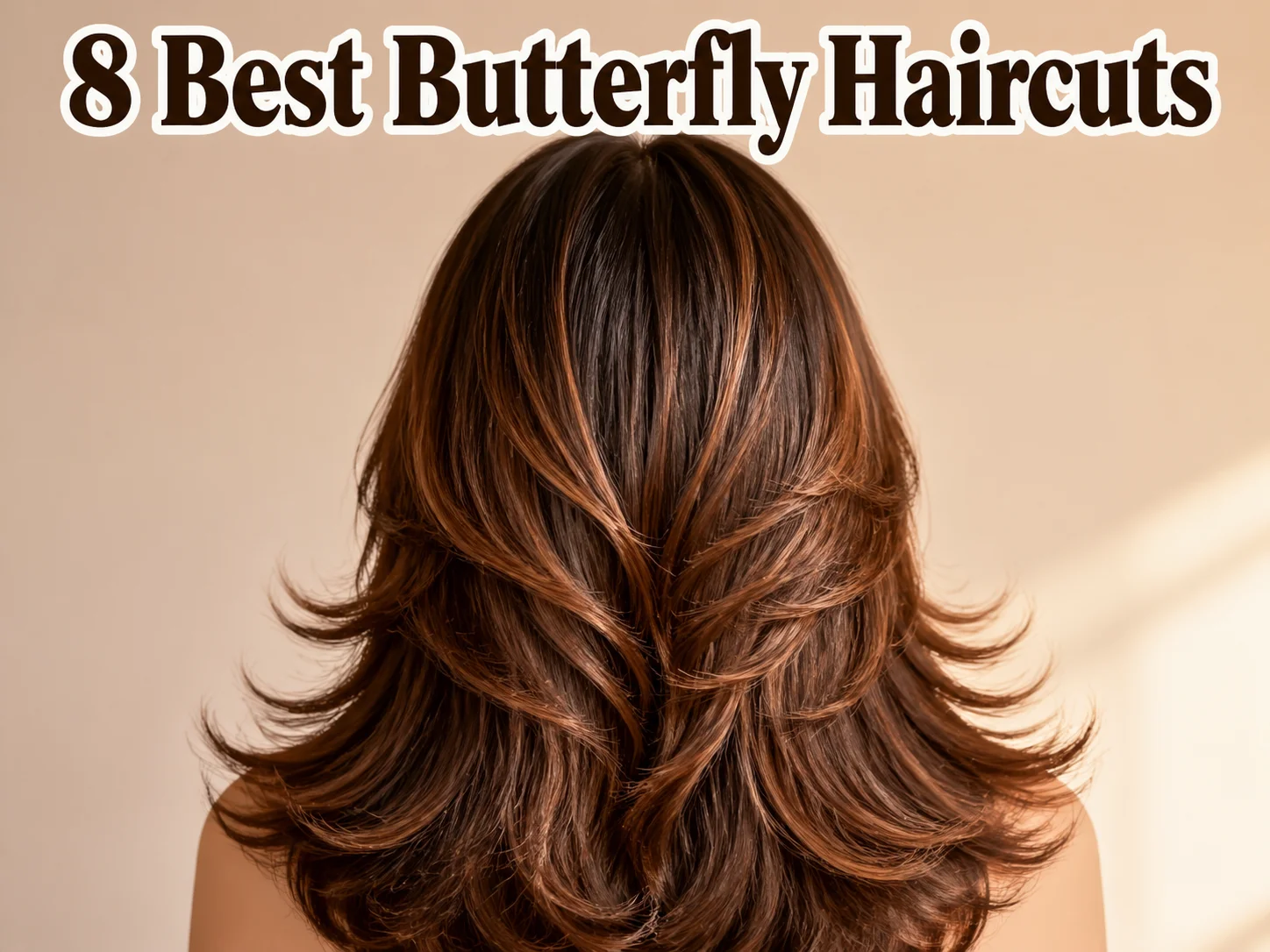 Brunette butterfly haircut feathered layers volume studio shot