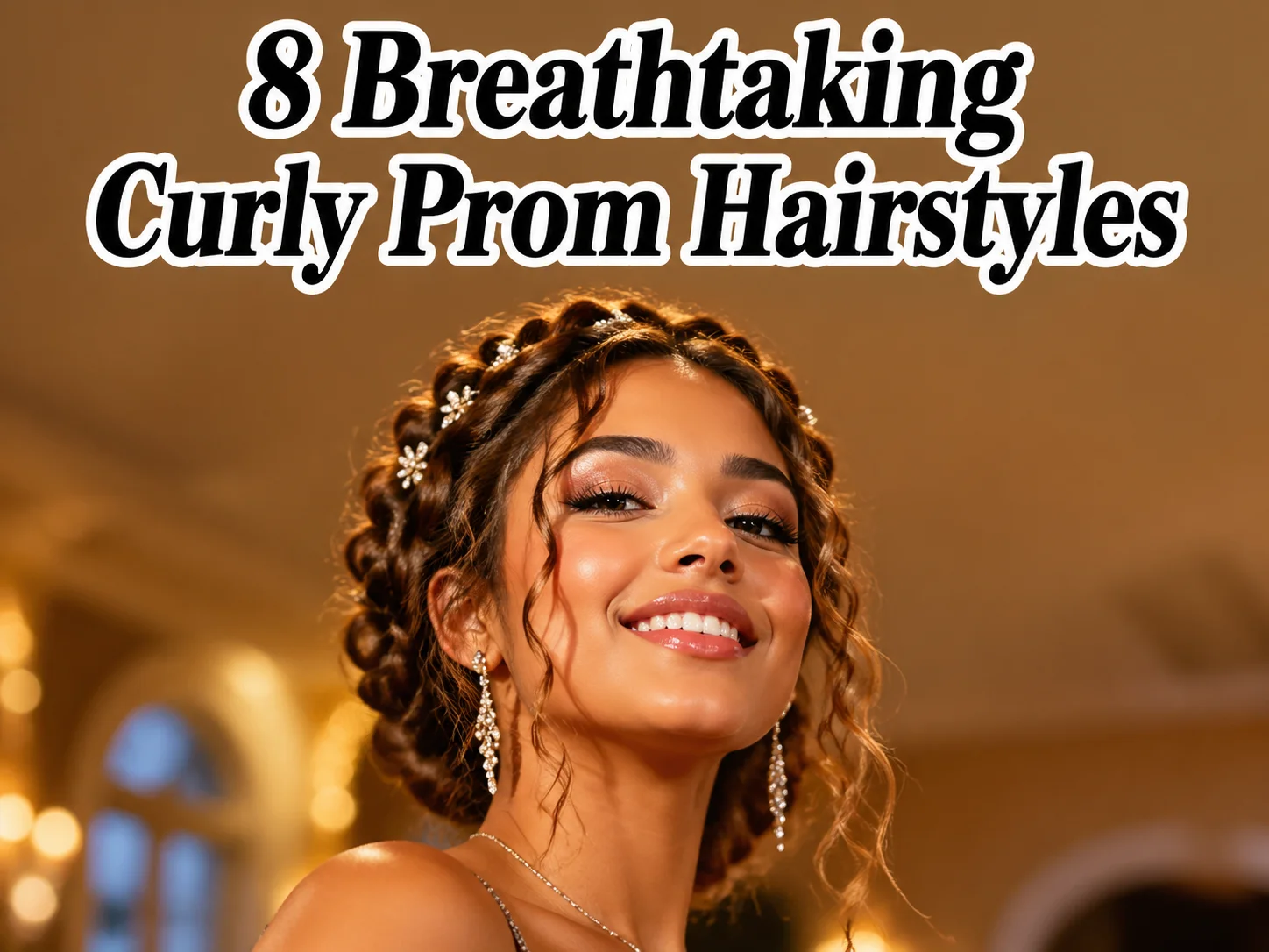 Confident young woman elegant halo braid jeweled pins prom night celebration