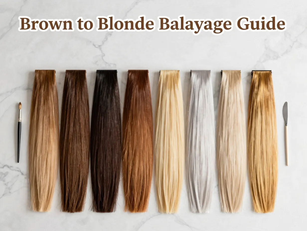 Eight glossy brunette to blonde balyage swatch gradient flatlay