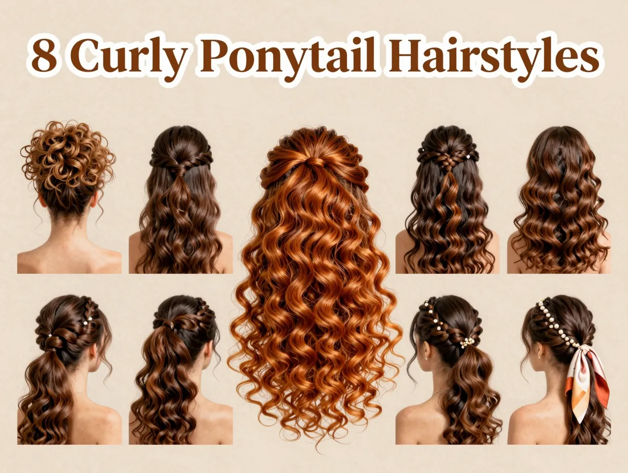 High puff sleek low braided base pineapple wrapped side accessorized curly ponytail flatlay