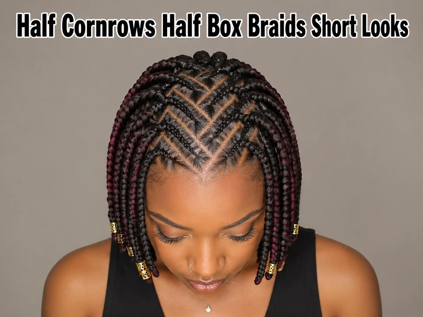 Hybrid braids short hair geometric cornrows chunky box braids burgundy streaks