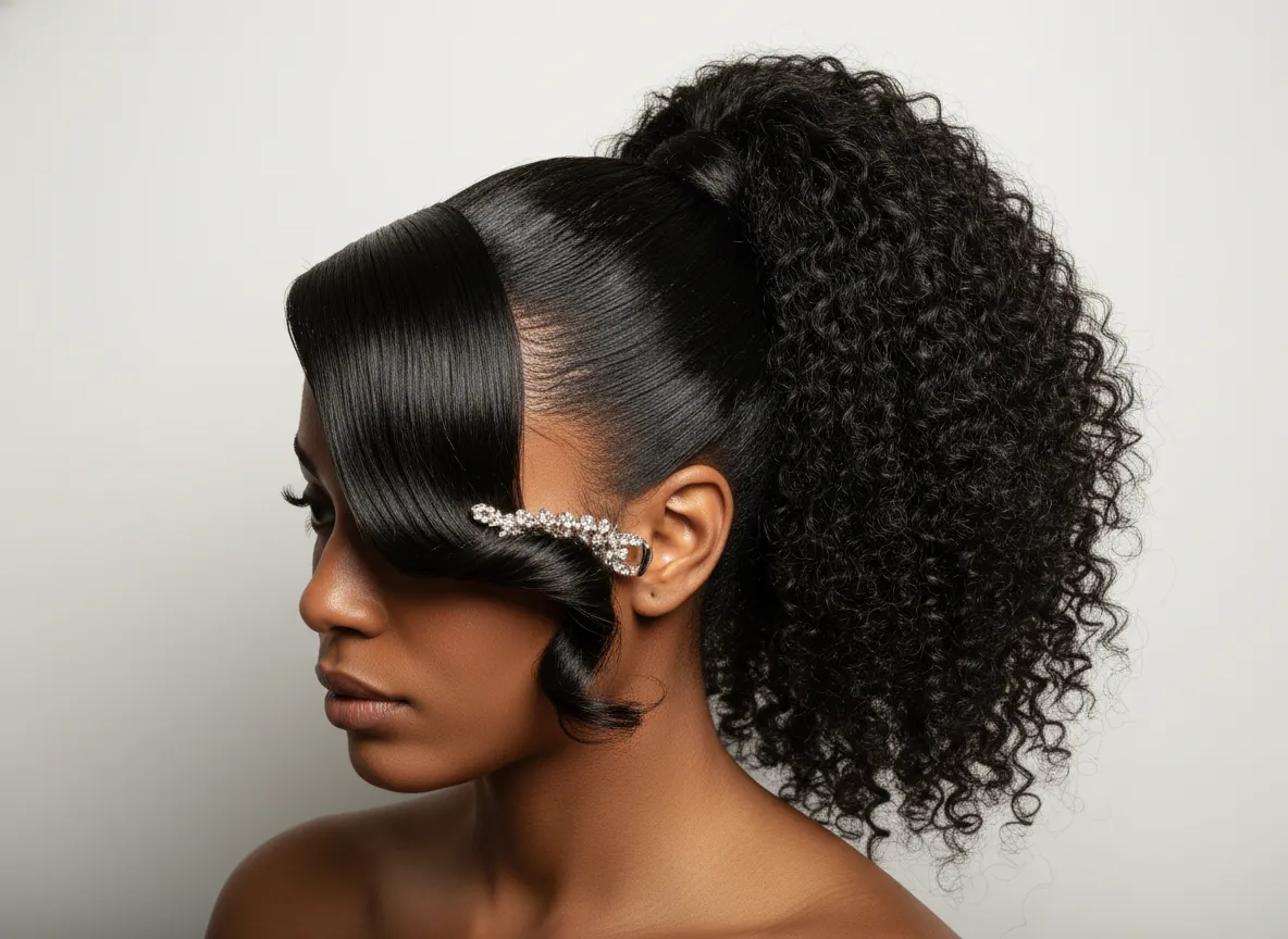 Chic slicked back high ponytail with curled ends and side swept section