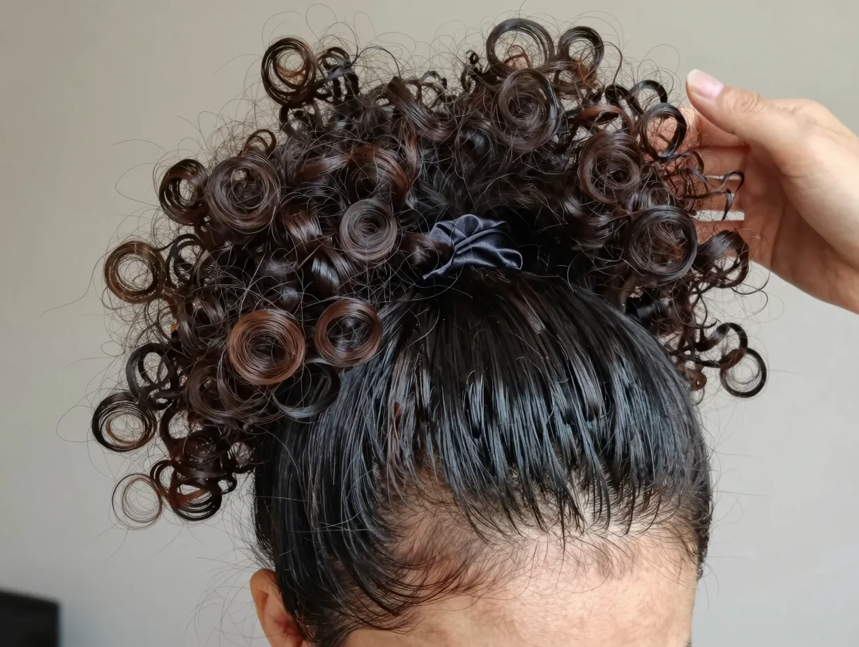 High curly puff ponytail with voluminous crown and smoothed edges