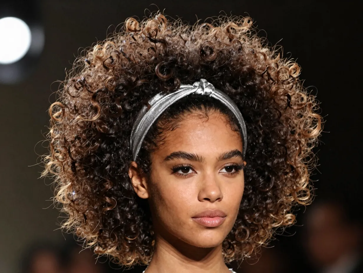 Voluminous curly high puff with metallic headband under prom lights