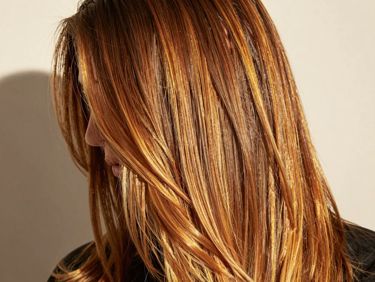 Warm golden sunshine balayage on straight brown hair with amber honey tones