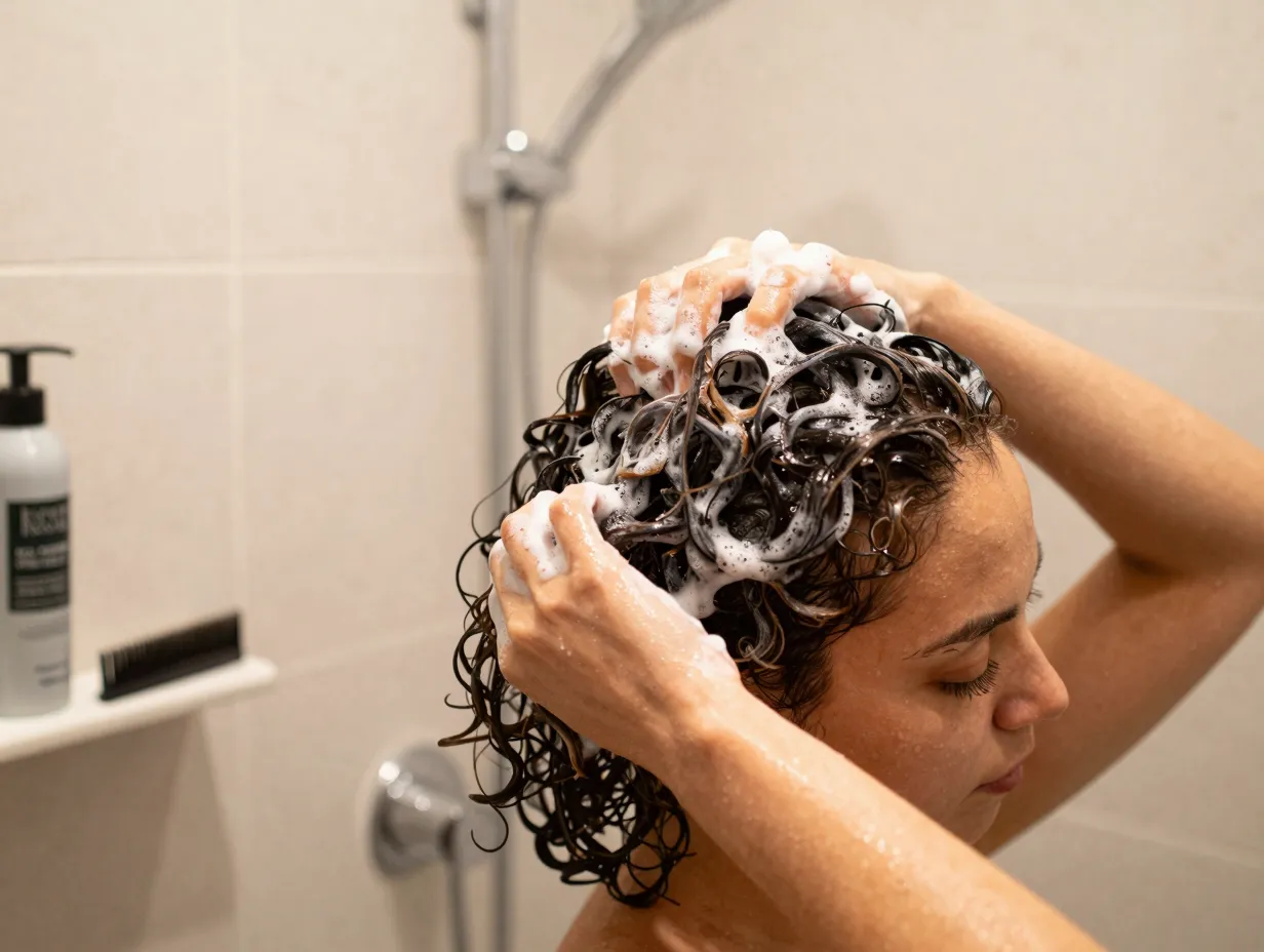 Woman washing wet curly hair in shower applying leave in conditioner