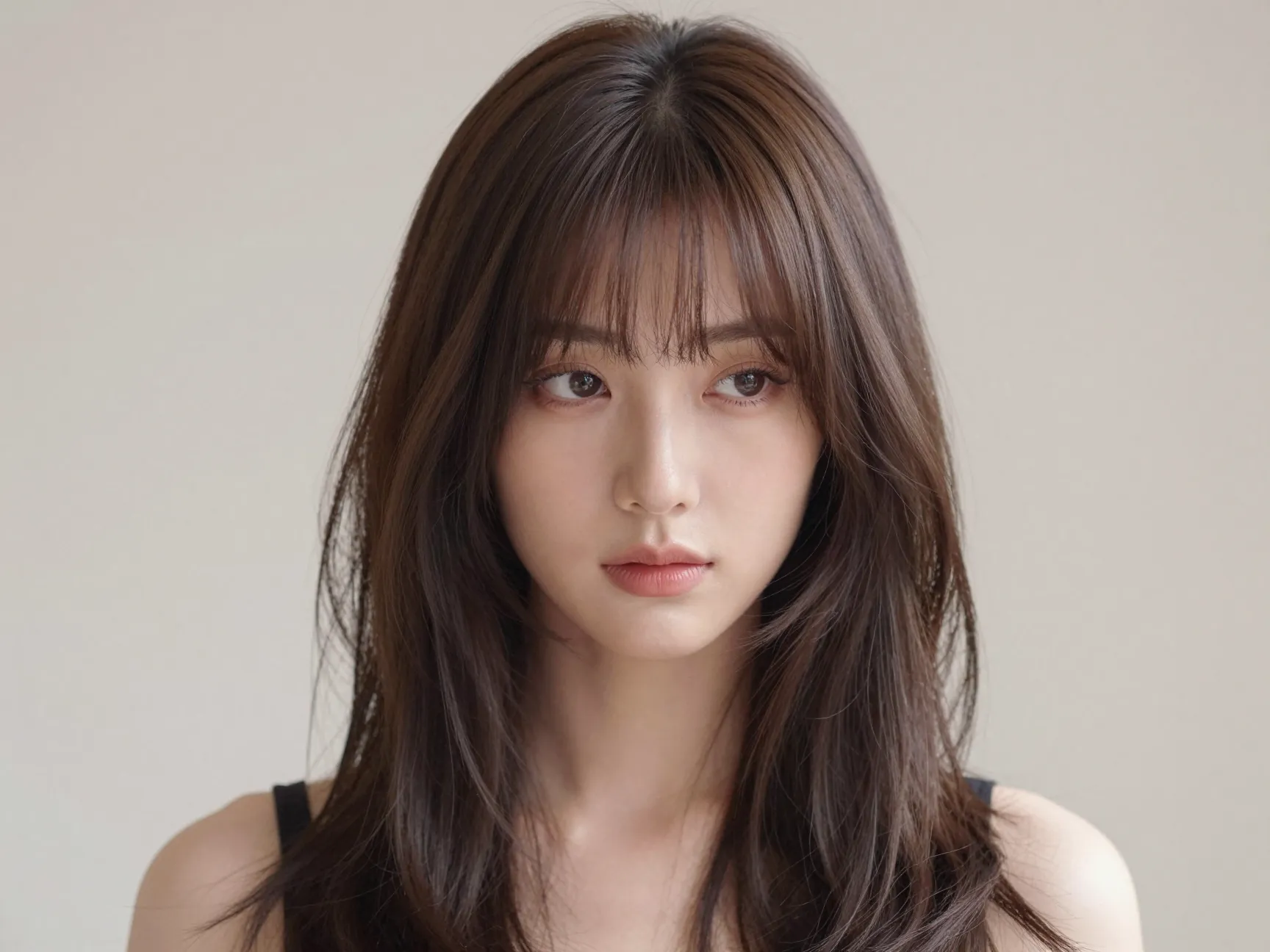 Butterfly haircut with long curtain bangs parted center framing face