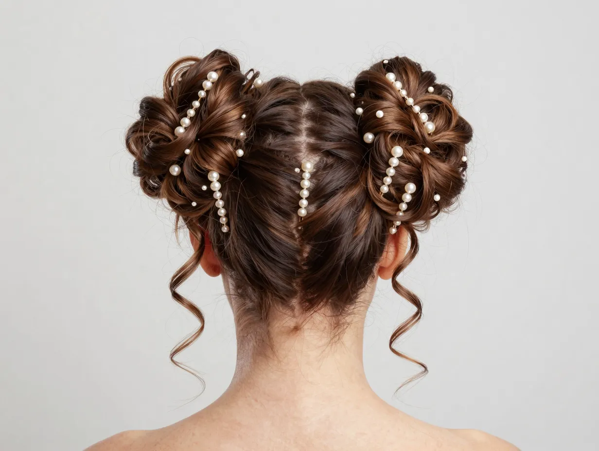 Curly space buns with pearl bobby pins on a model