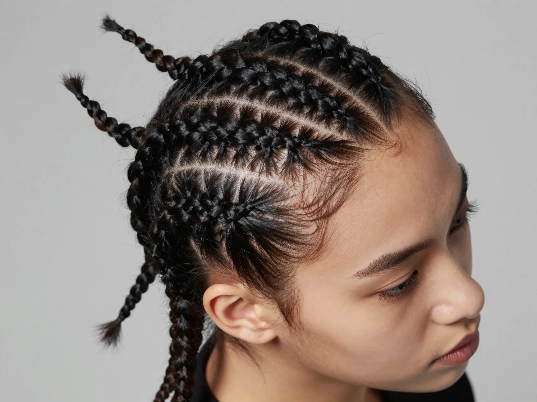 Diagonal cornrow drama on square face from above