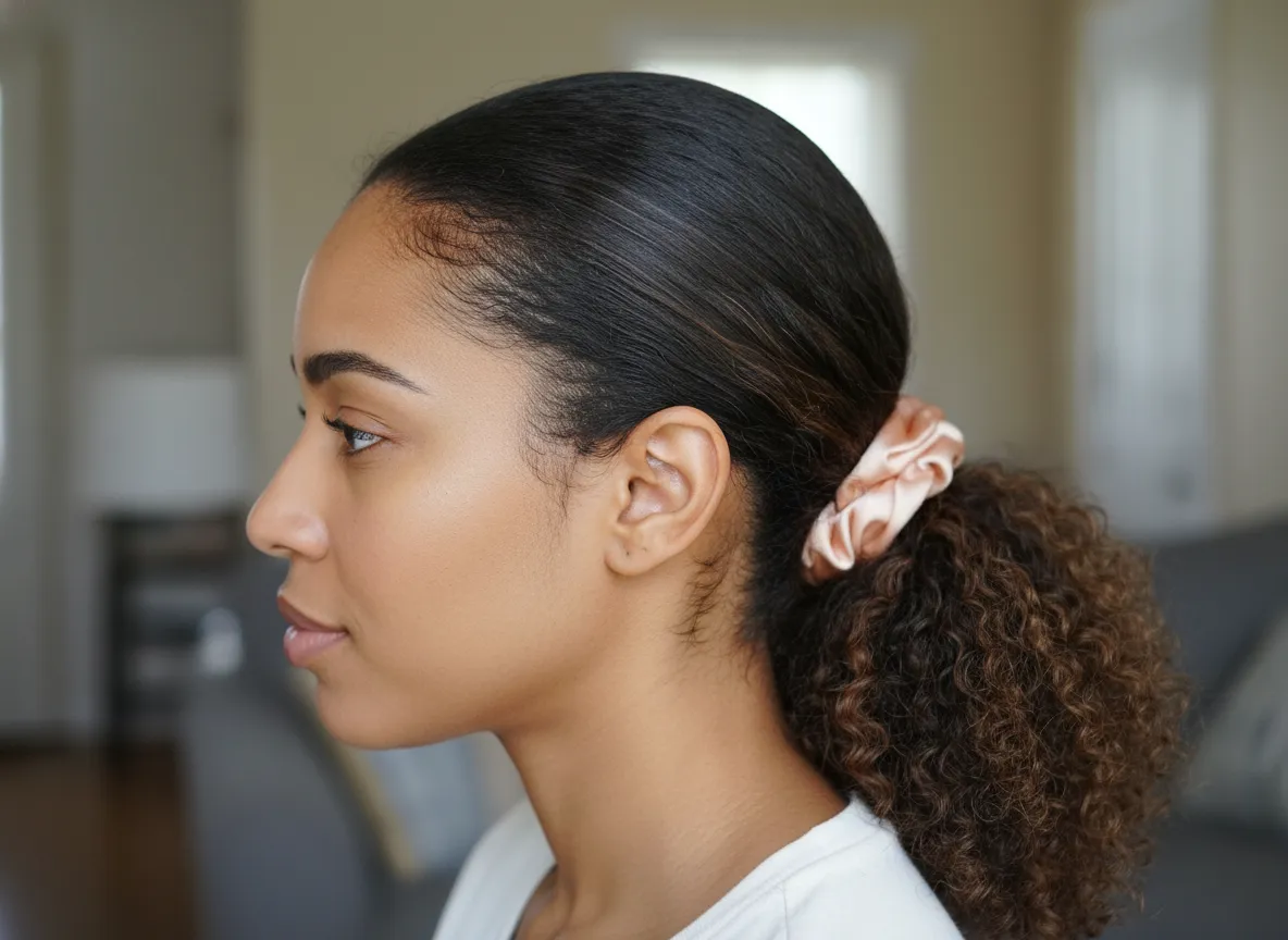 Glossy slicked back low ponytail for second day natural hair