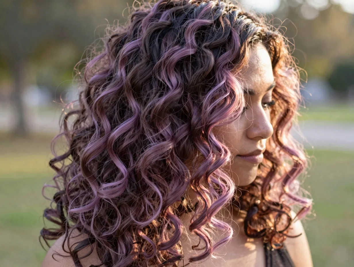 Mauve highlights soft rosy glow on loose curly waves