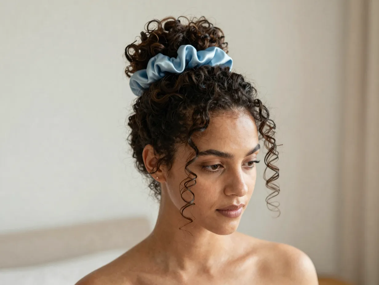 Woman with loose curly updo secured with satin scrunchie