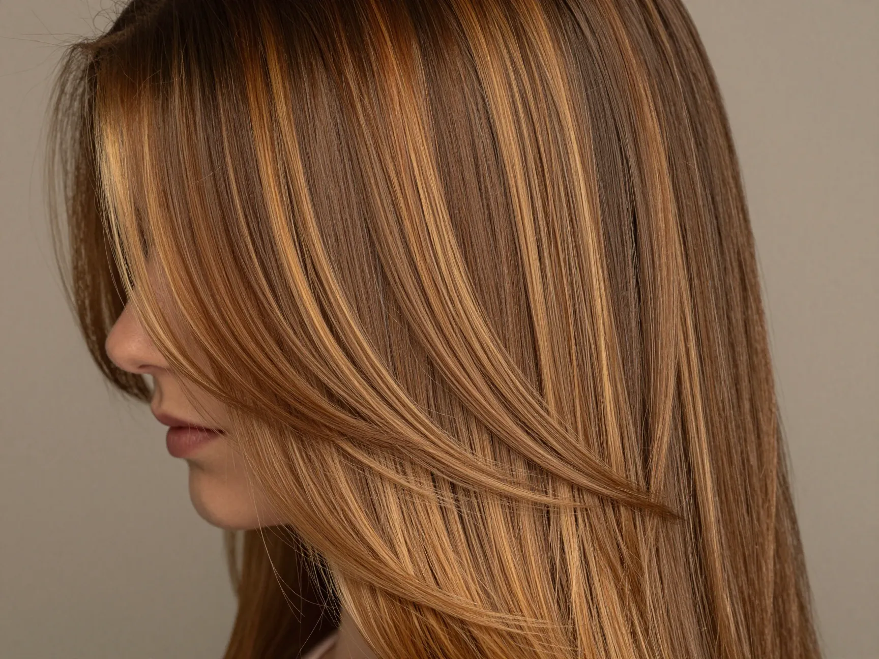 Caramel bronde balayage rich toffee highlights on straight brunette hair