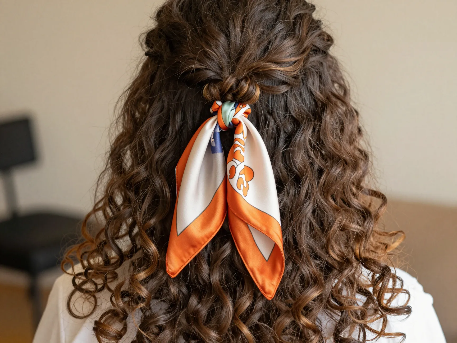 Half up curly ponytail with silk scarf accessory at crown