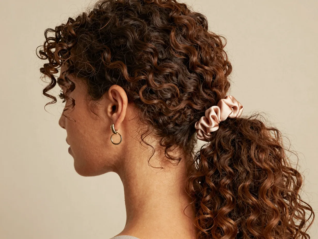 Low curly ponytail with silk scrunchie and statement earrings