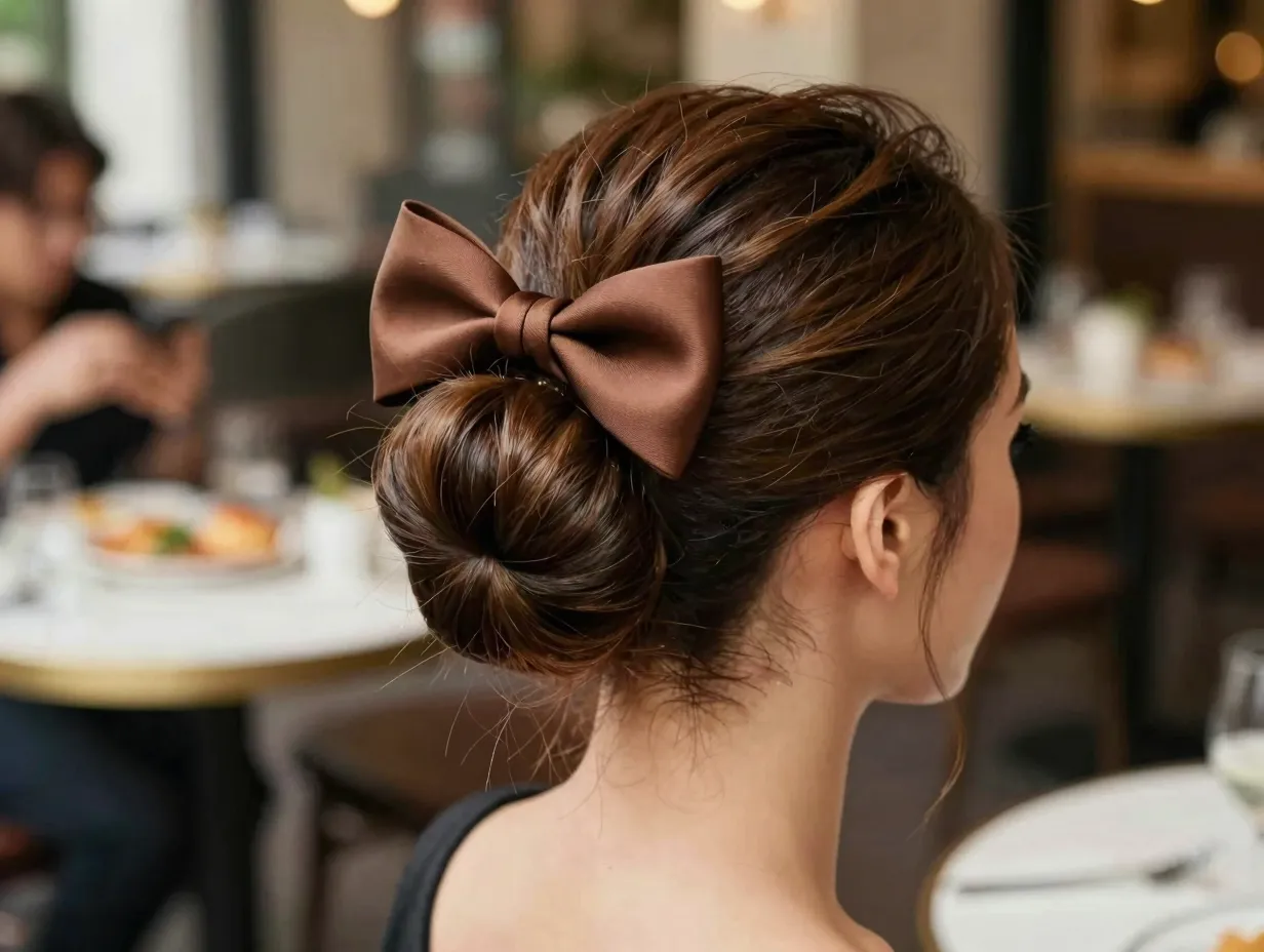 Polished bow topped high bun brunch casual event hairstyle