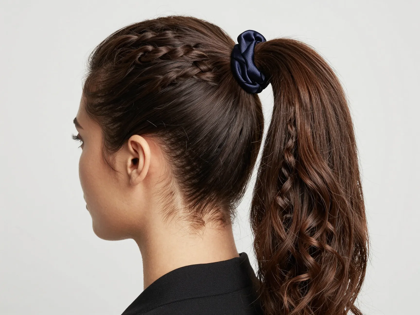 Sleek flat twist ponytail with satin scrunchie for work