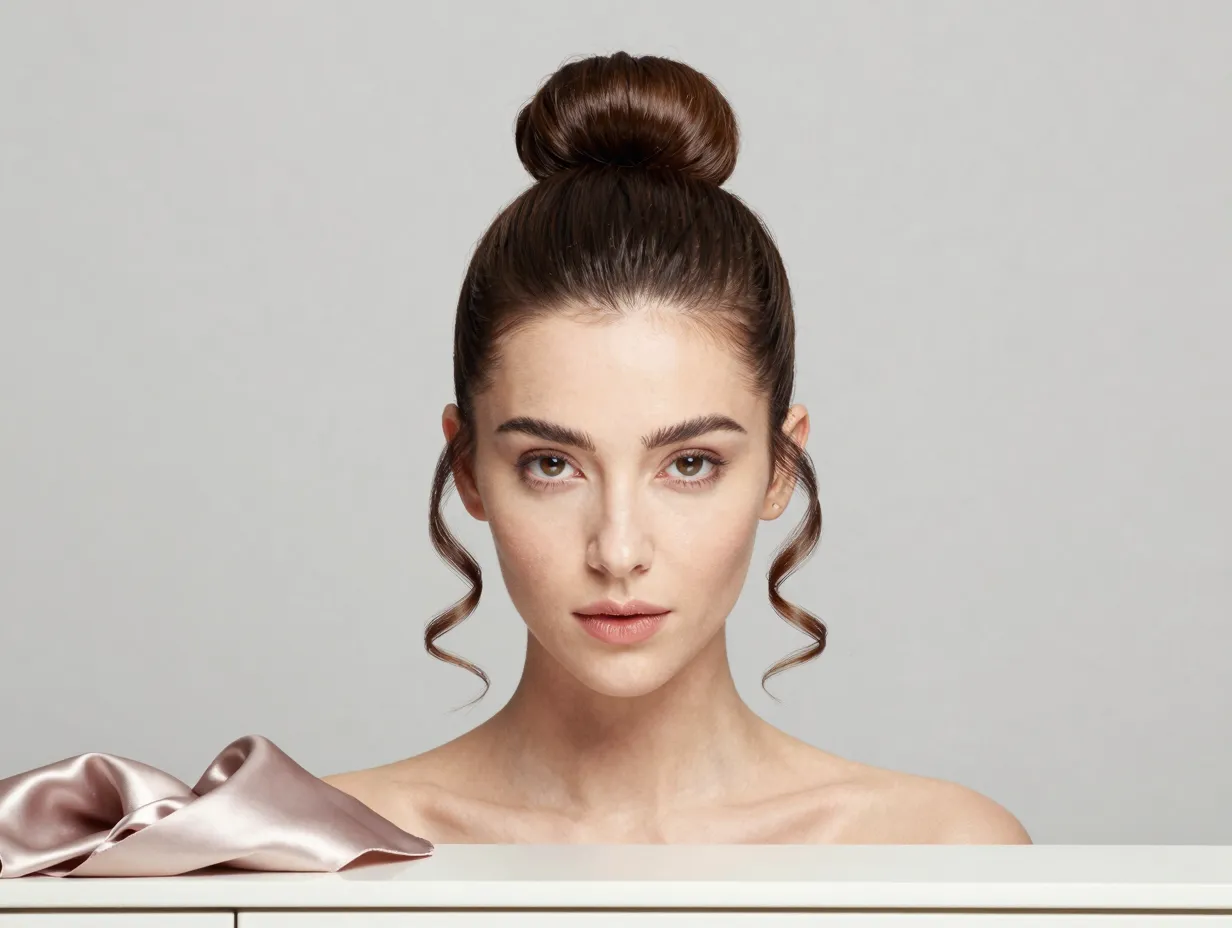 Sleek high bun with defined ringlet tendrils framing face