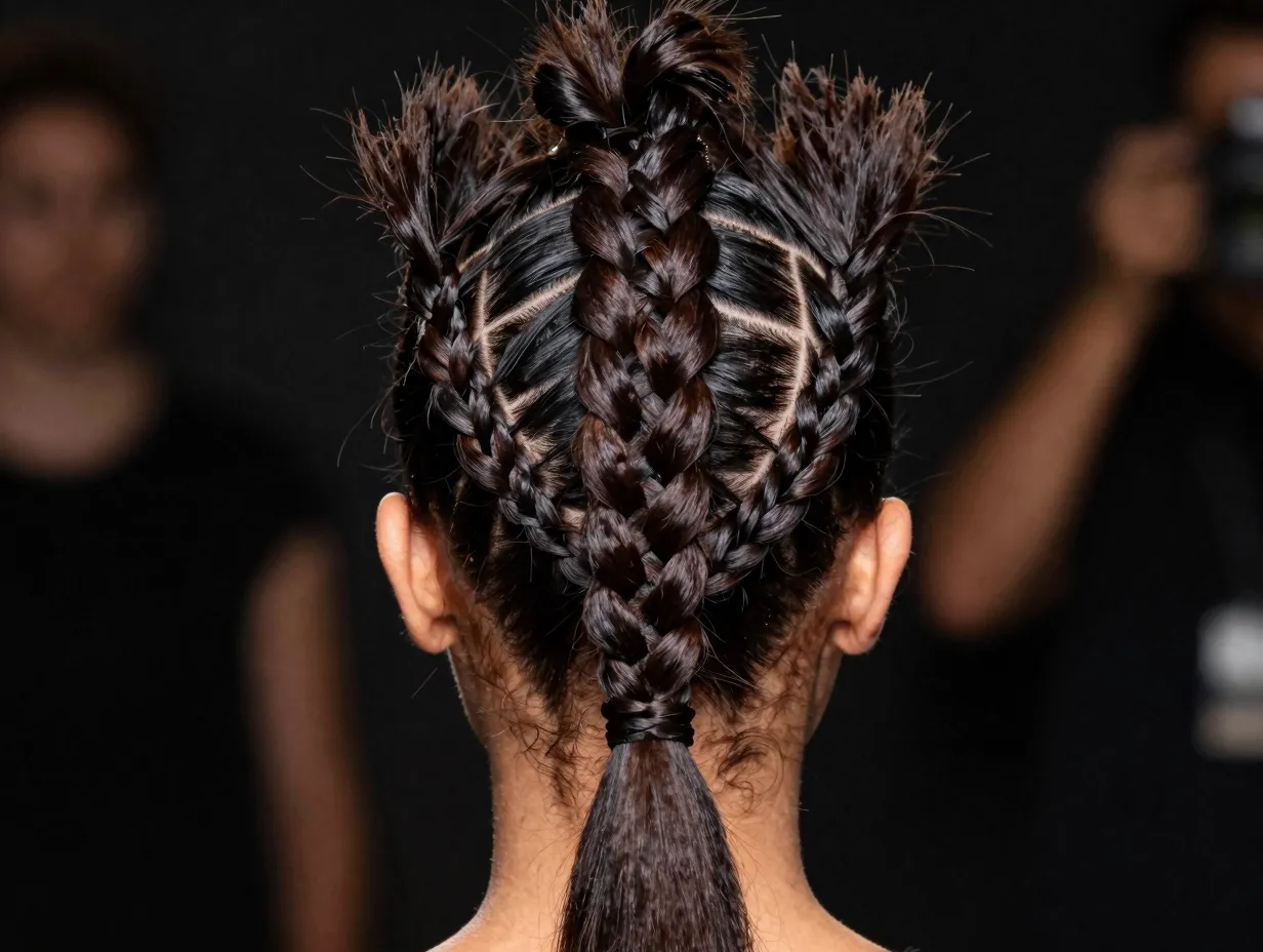 Bold fishtail mohawk braid creating dramatic faux hawk ponytail