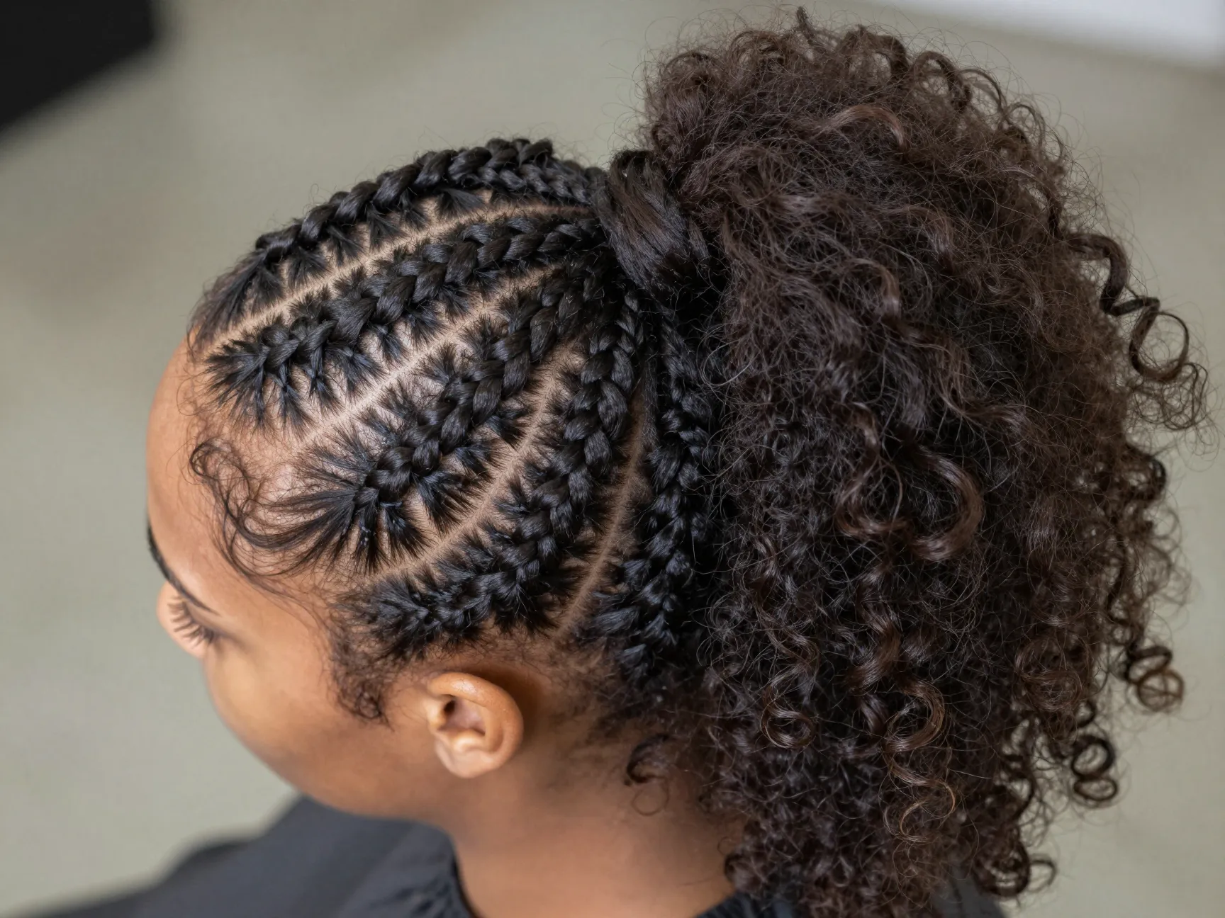 Braided base curly ponytail with flat cornrows converging at crown