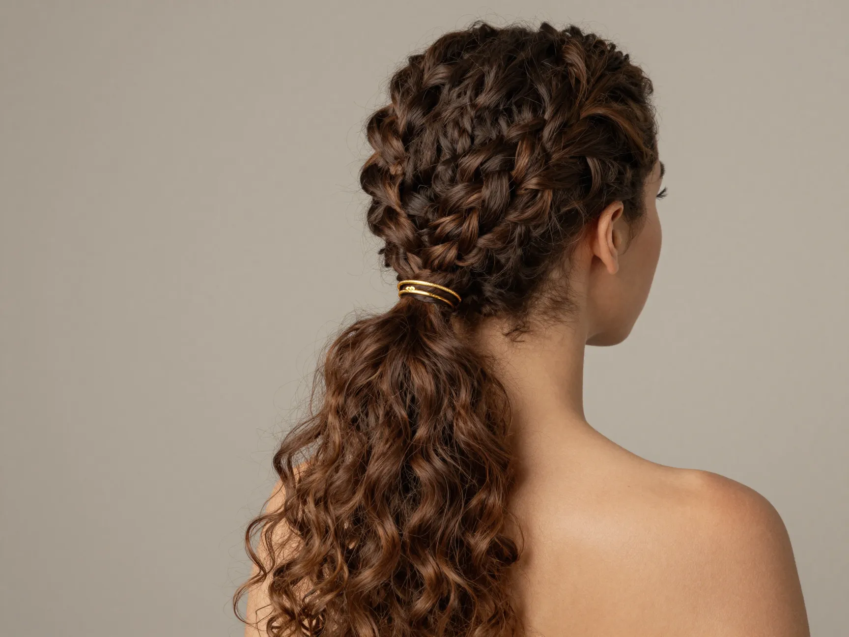 French braid transitioning into a low decorative ponytail