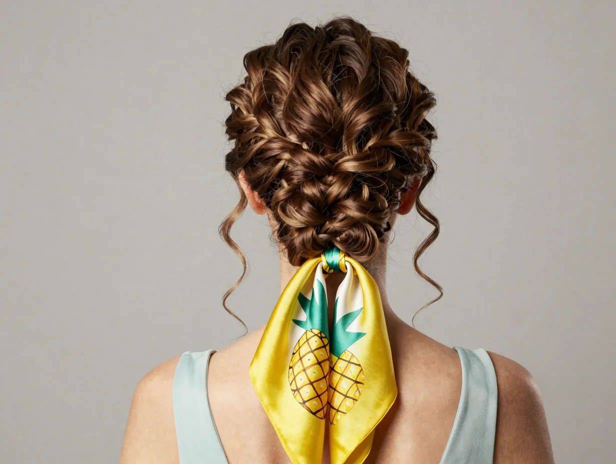 High pineapple style with fashionable silk scarf on coily hair
