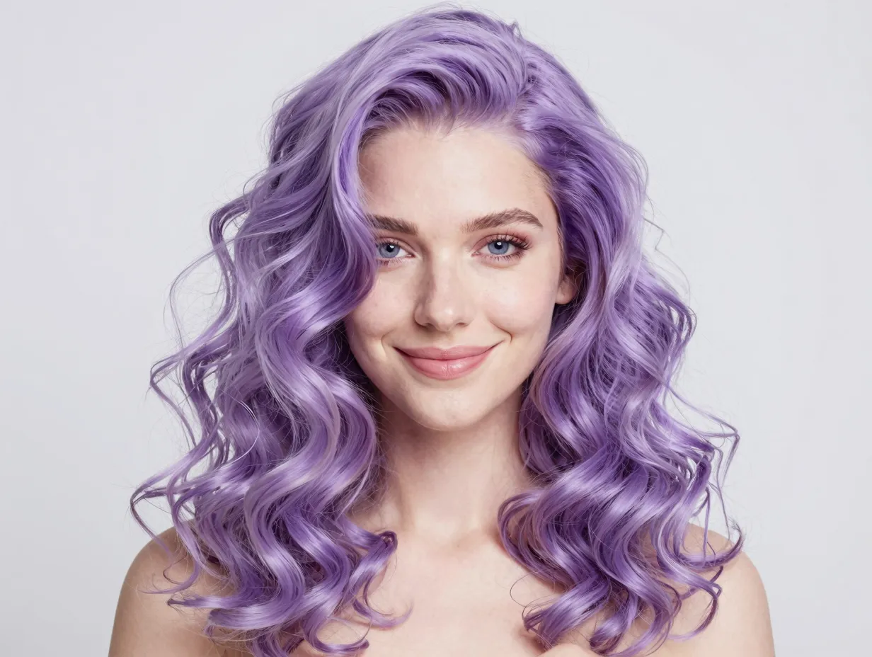 Lavender bold pastel color on loose wavy curly hair