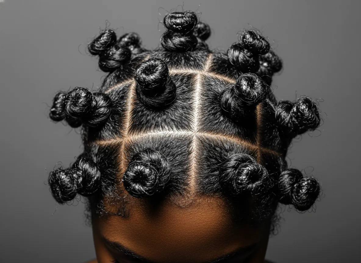 Sculptural bantu knots close to scalp on moisturized hair