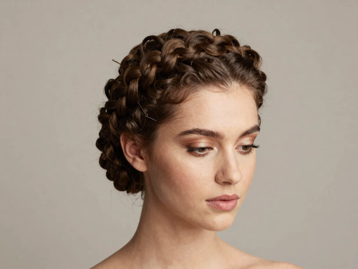 Ethereal halo braid crown on curly hair for formal occasion