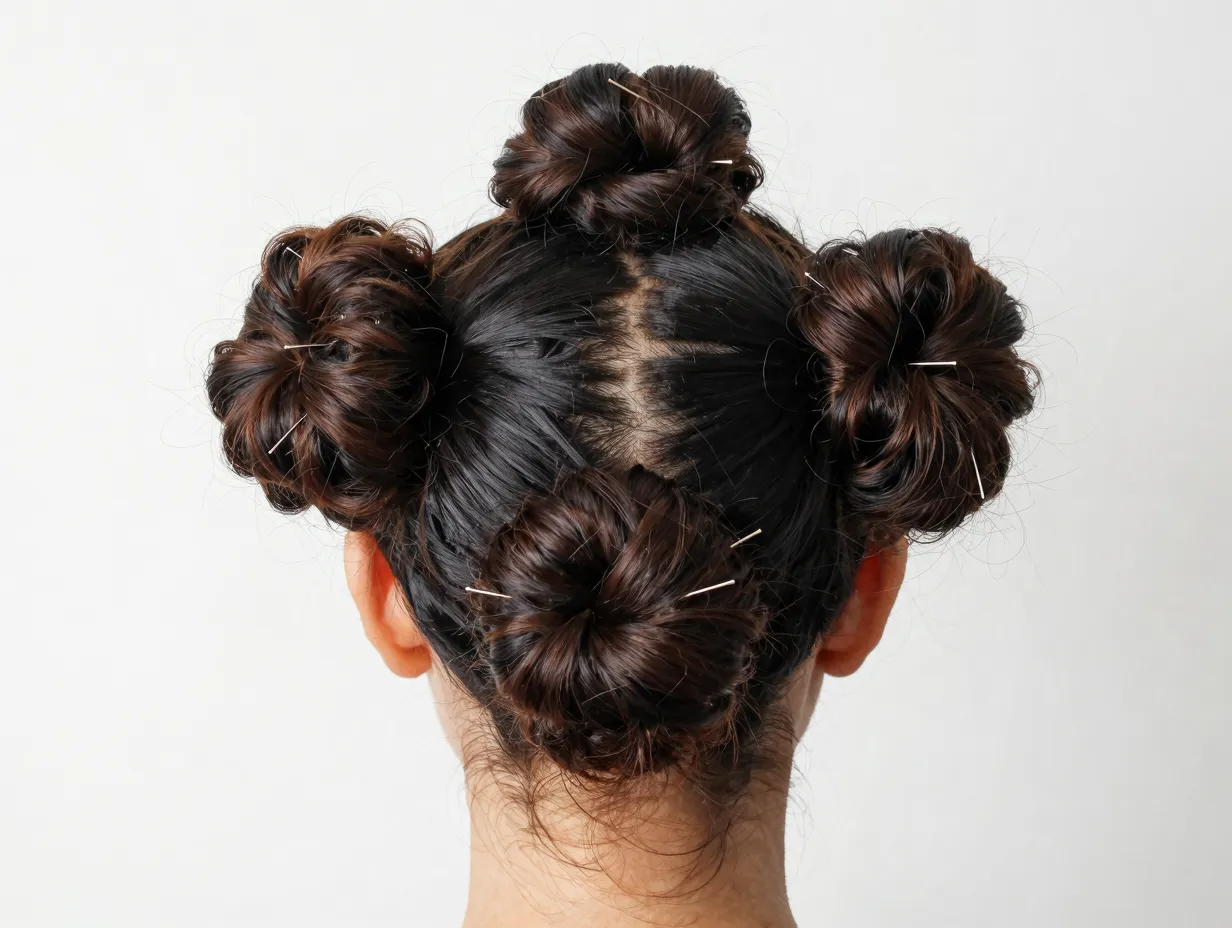 Illusion of a single large updo created by three small buns