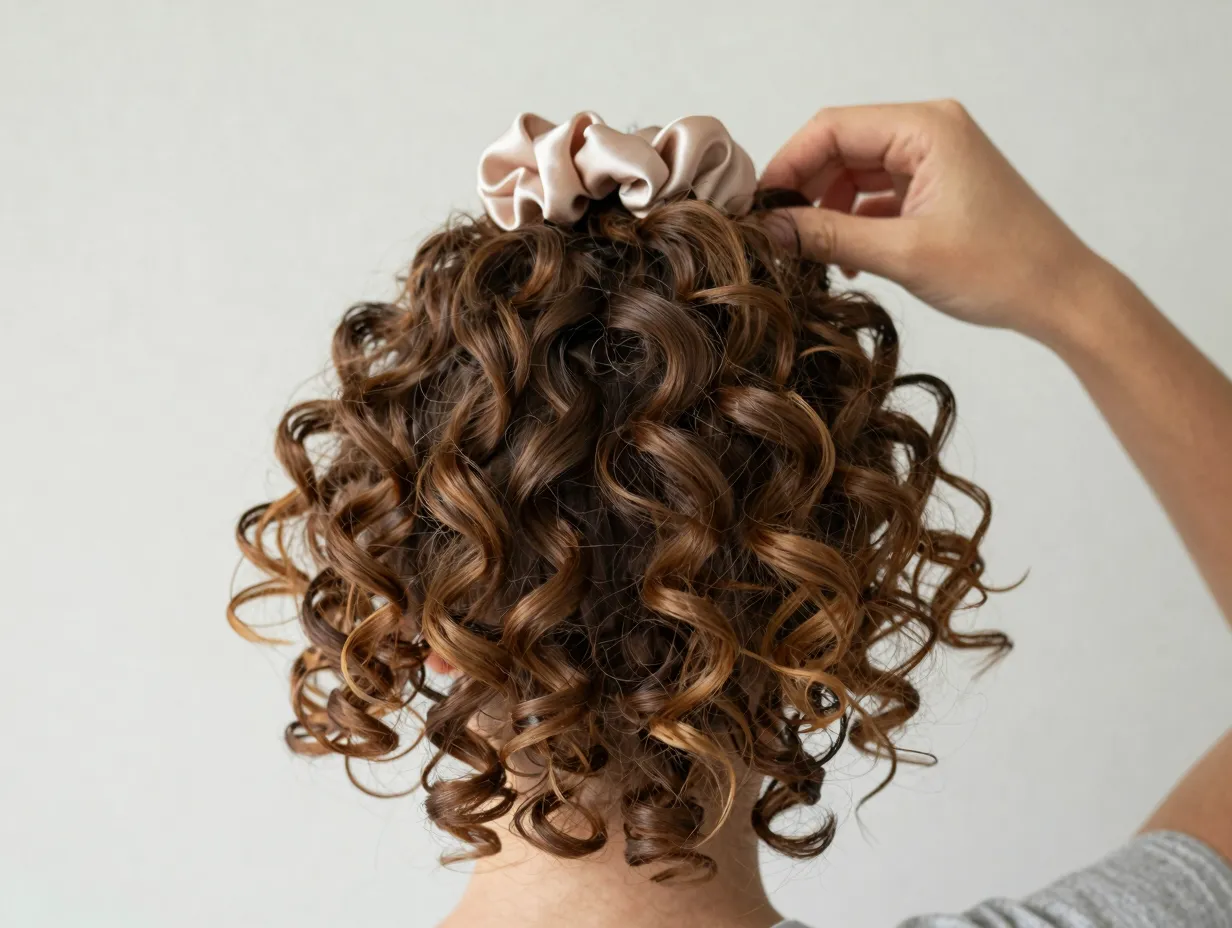 Playful pineapple ponytail with loose curls cascading forward