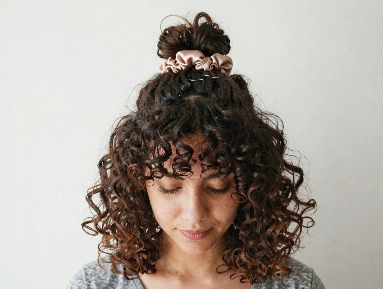 Quick half up top knot with loose curls flowing below
