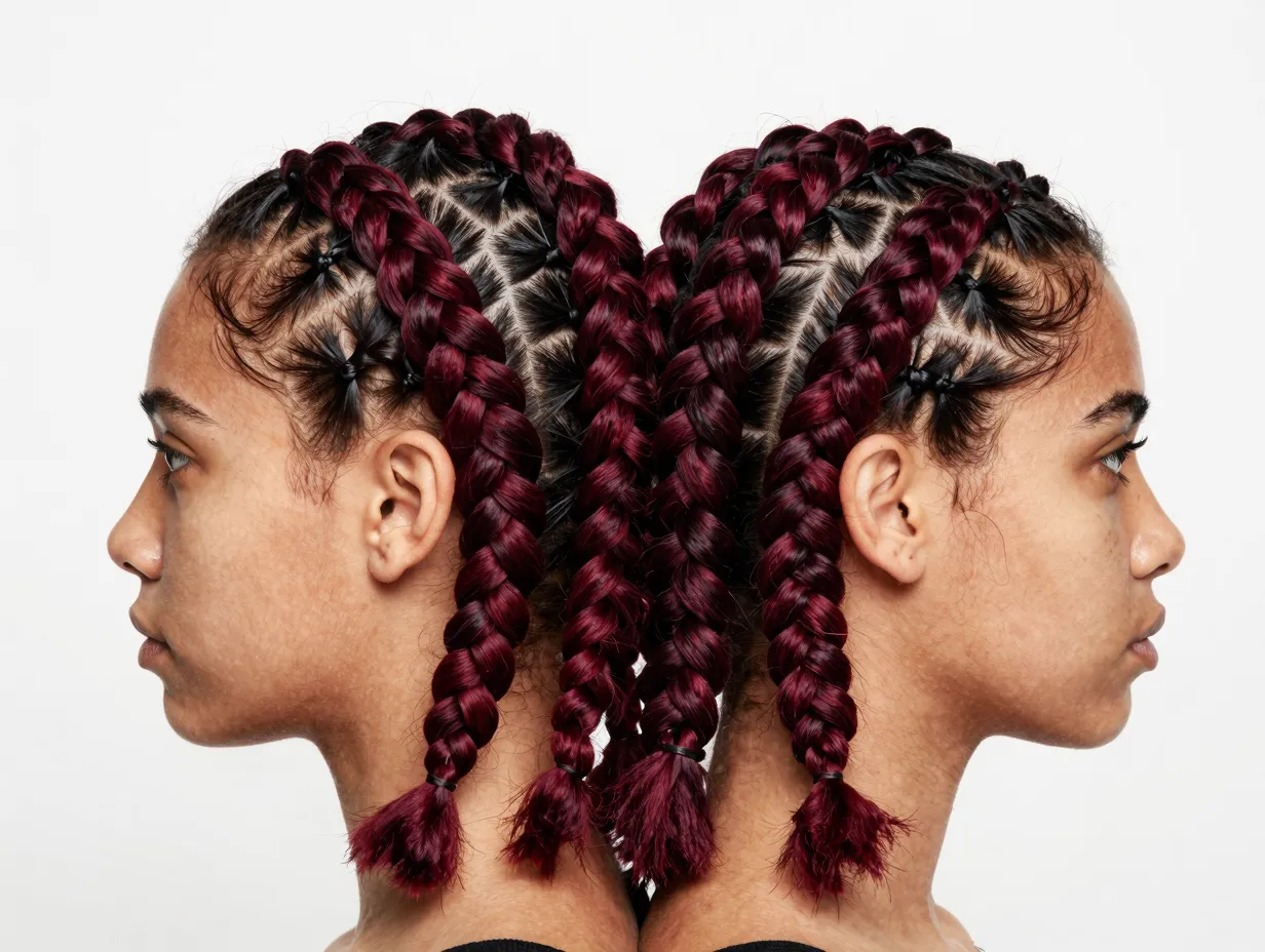 Side swept cornrows with chunky burgundy box braids