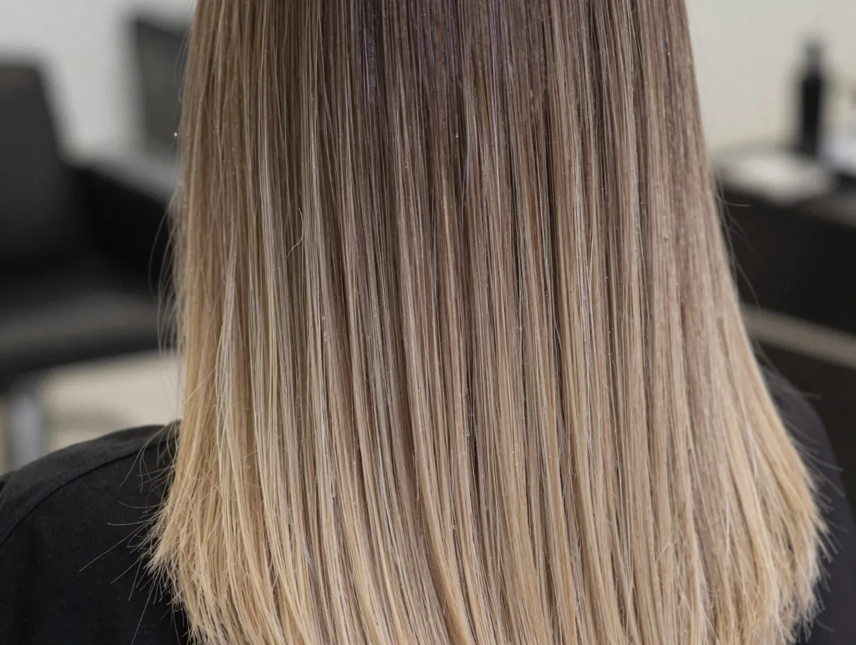 Beige blonde balayage sandy muted cool tones on straight dark brown hair