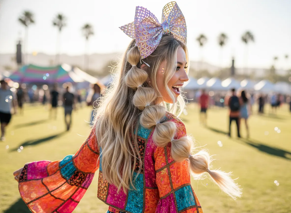 Bubble braid bow ponytail festival editorial show stopping look