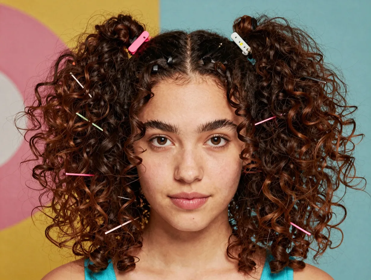 Fun textured space buns with face framing curls flyaways