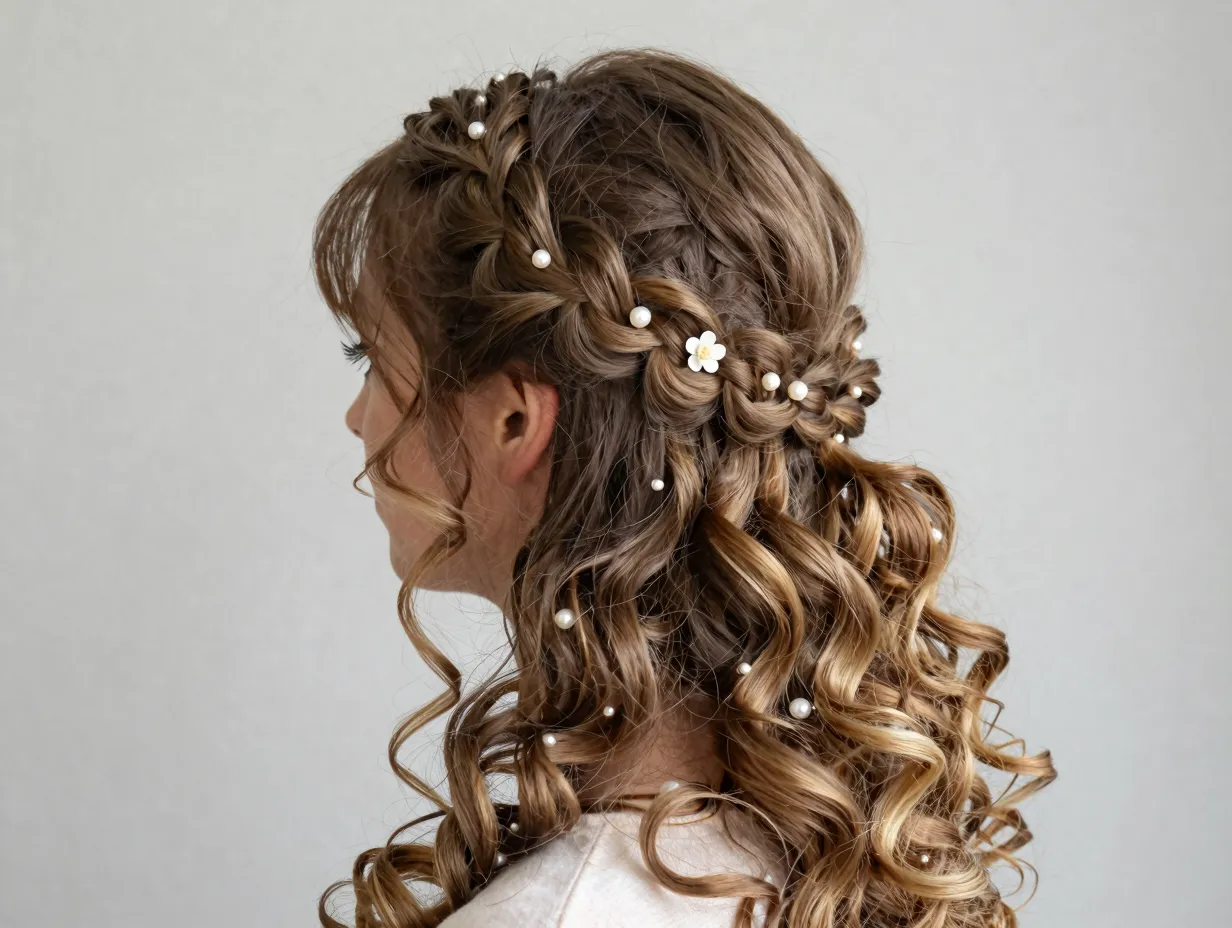 Half up braid crown with floral pins on defined curls