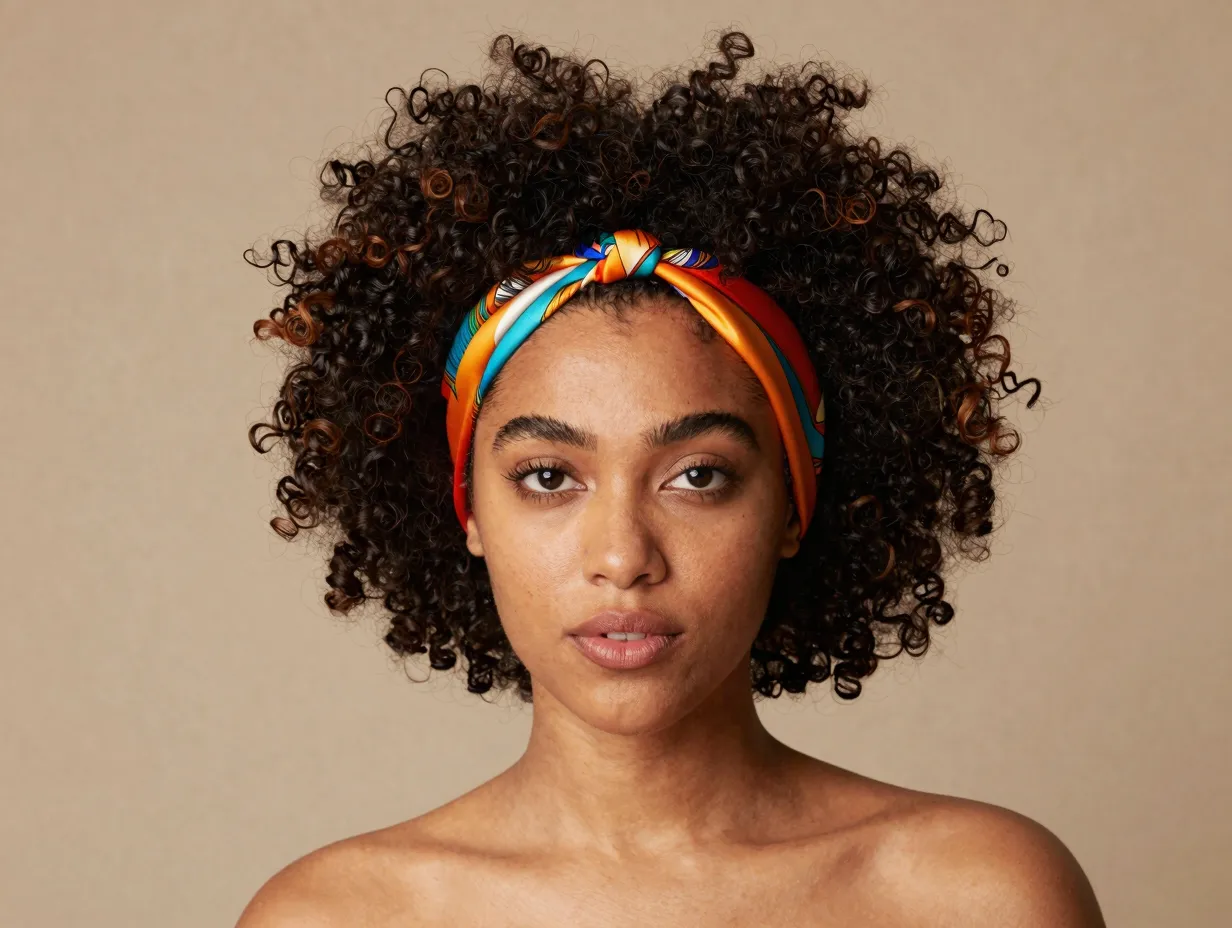 High curly puff wrapped with a long silk scarf headband