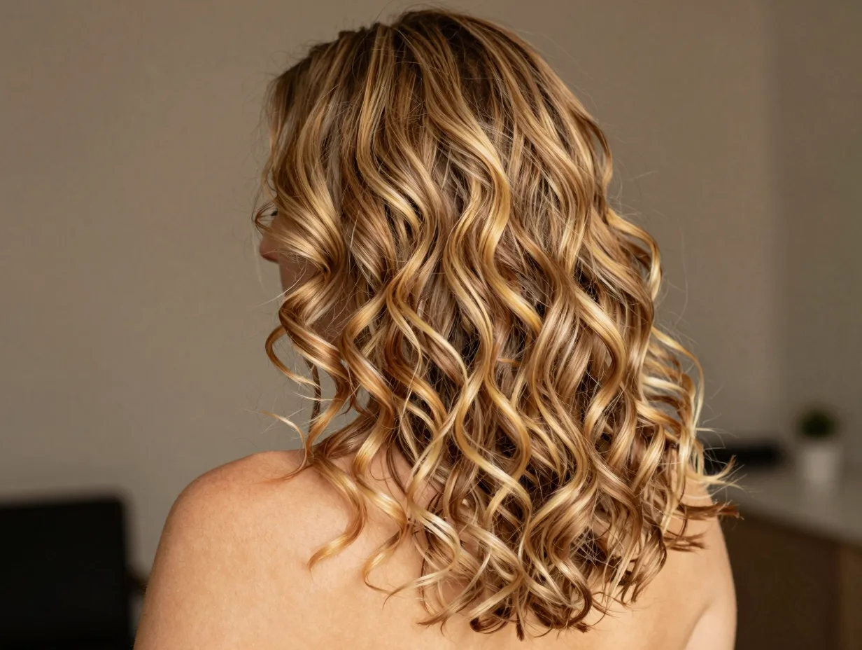 Painted blonde highlights sun kissed dimensional curly hair