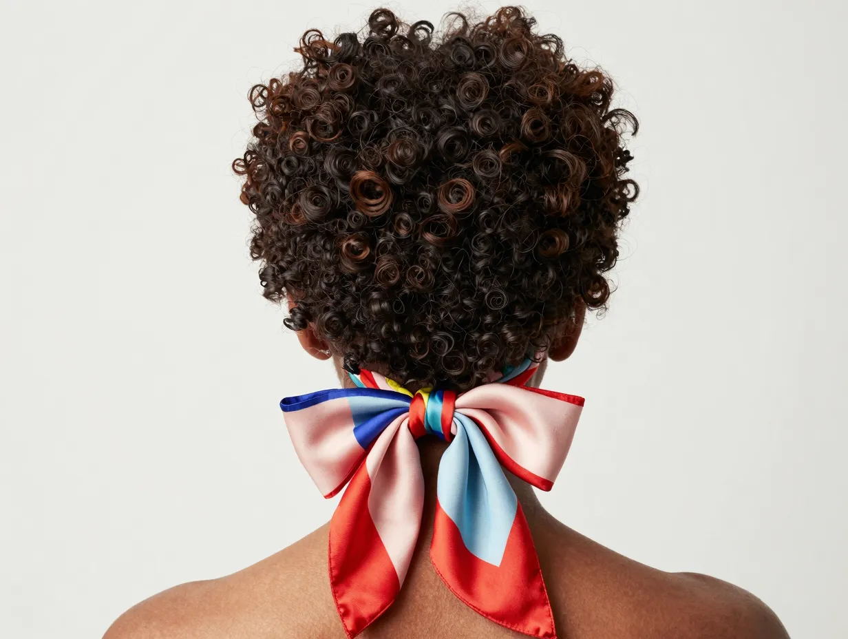 Wrapped curly ponytail with silk scarf bow at high base