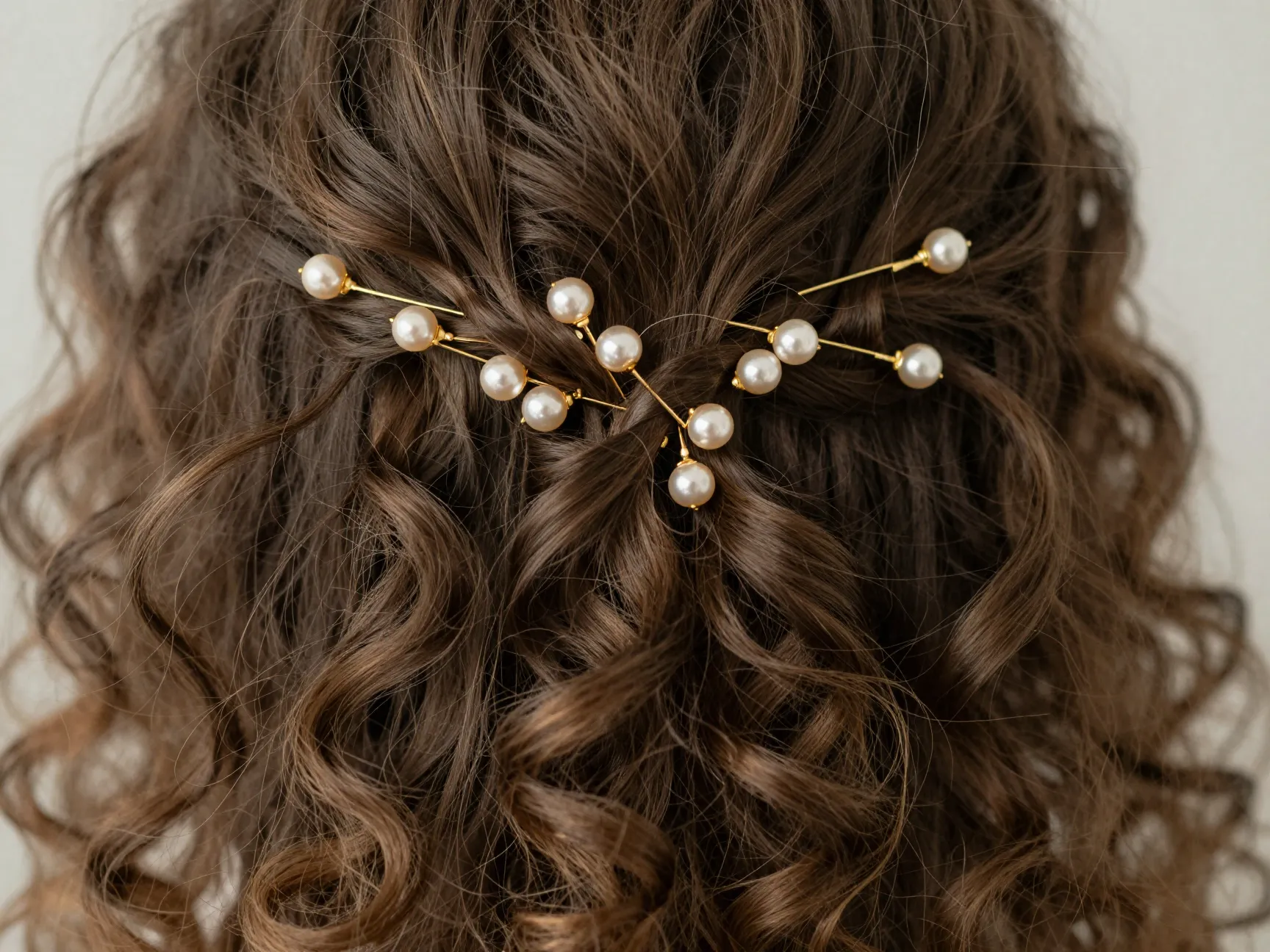 Curly hair adorned with decorative gold pearl tipped bobby pins