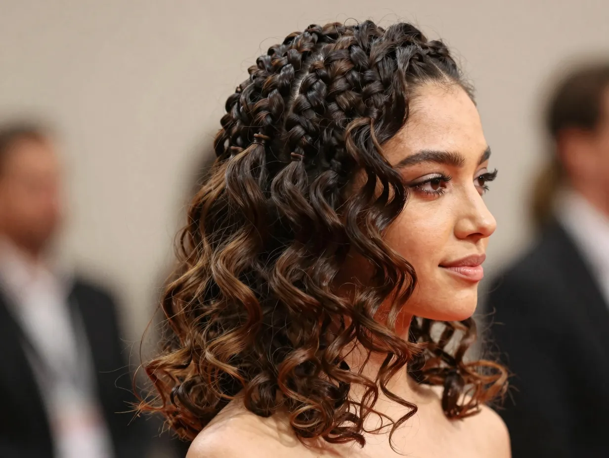 Goddess cornrows with loose curls and knotless braids