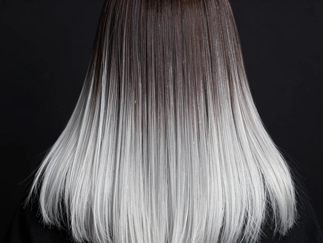 Icy platinum balayage dramatic near white tips on straight dark hair
