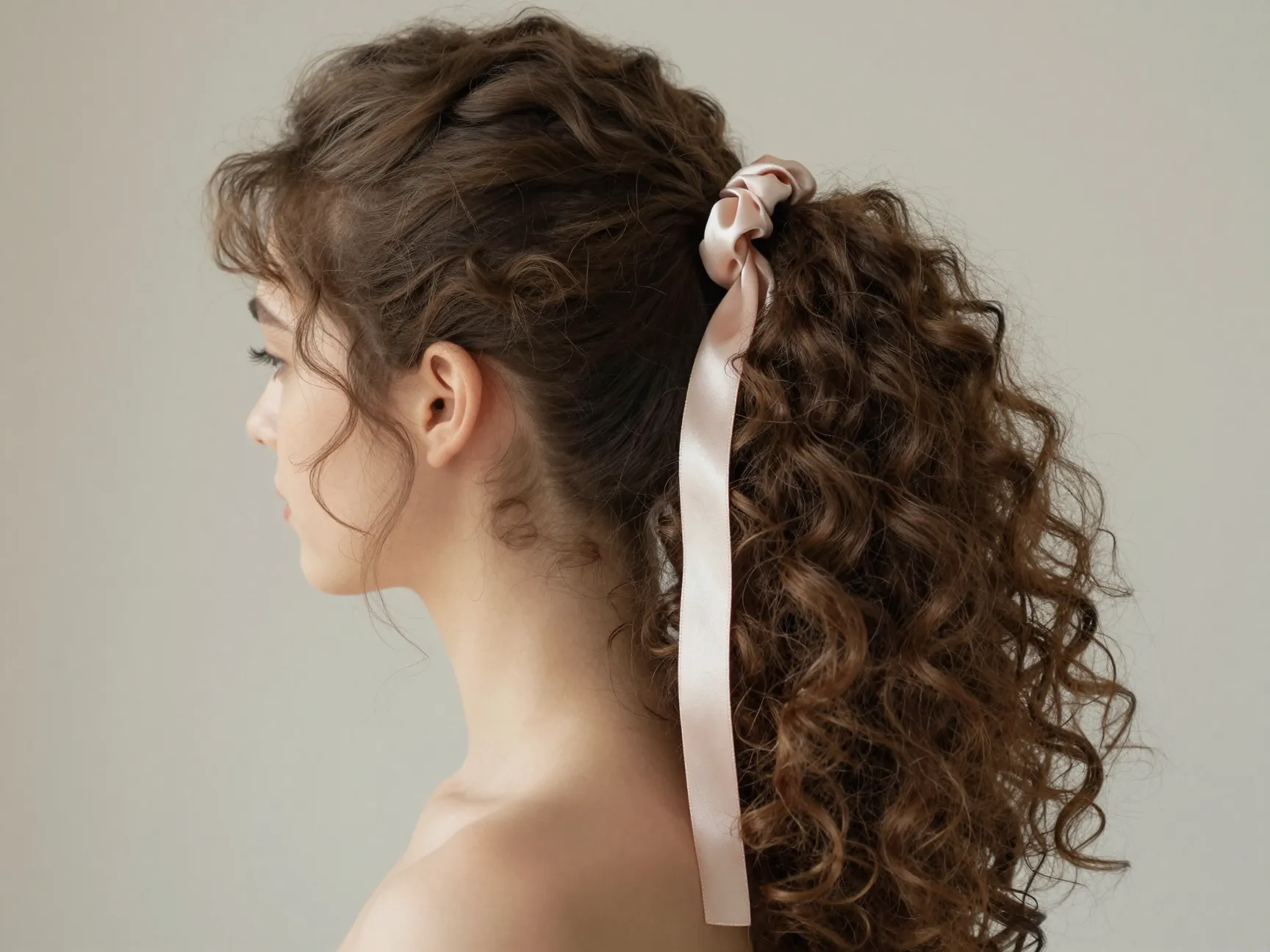 Low asymmetrical curly side ponytail with decorative ribbon