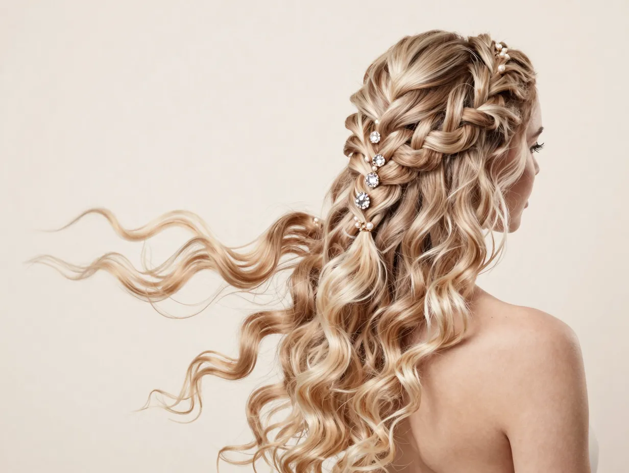 Side braided loose curls with crystal pins ethereal effect