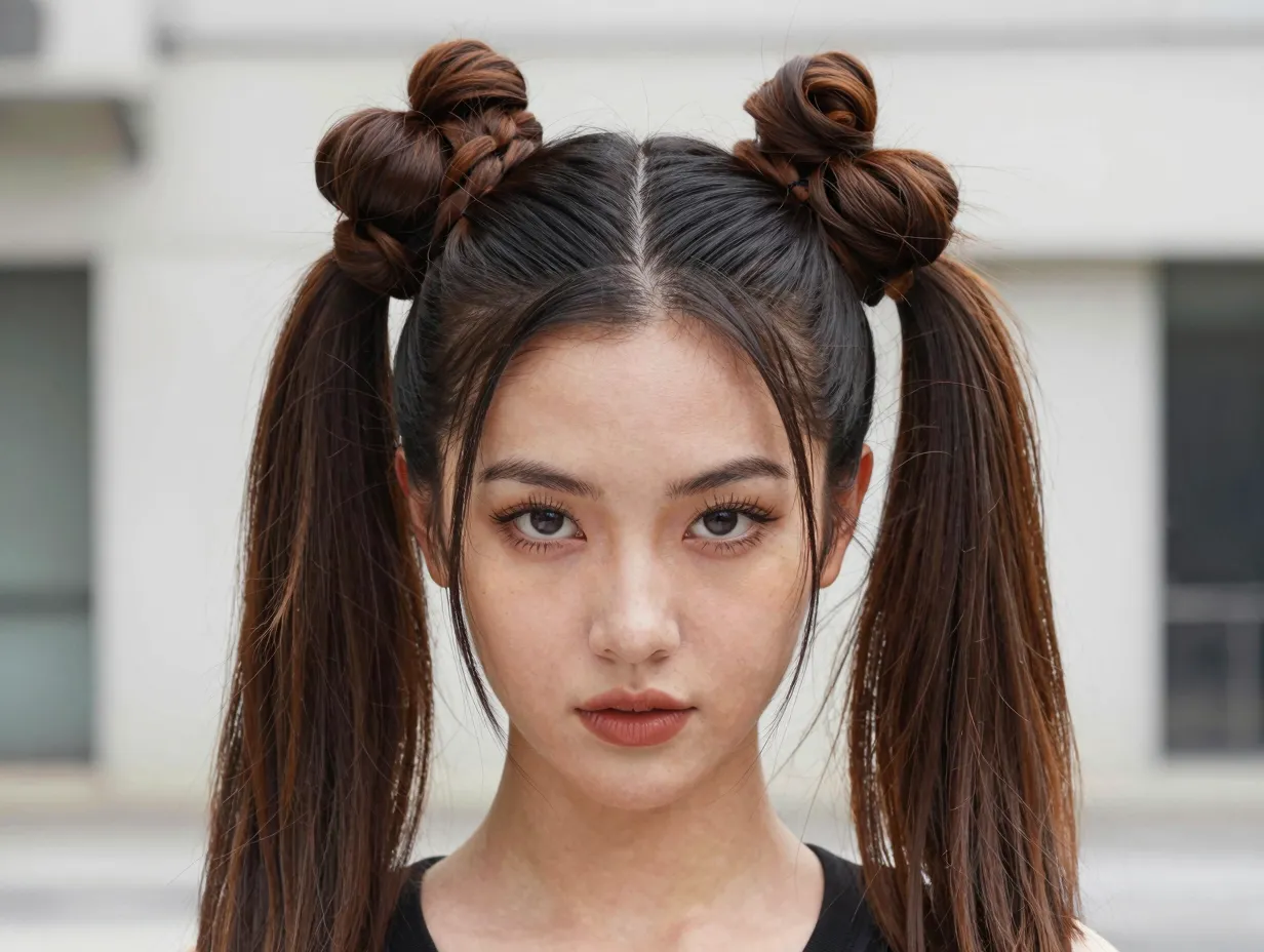 Symmetrical double bow twin buns y2k inspired bold styling