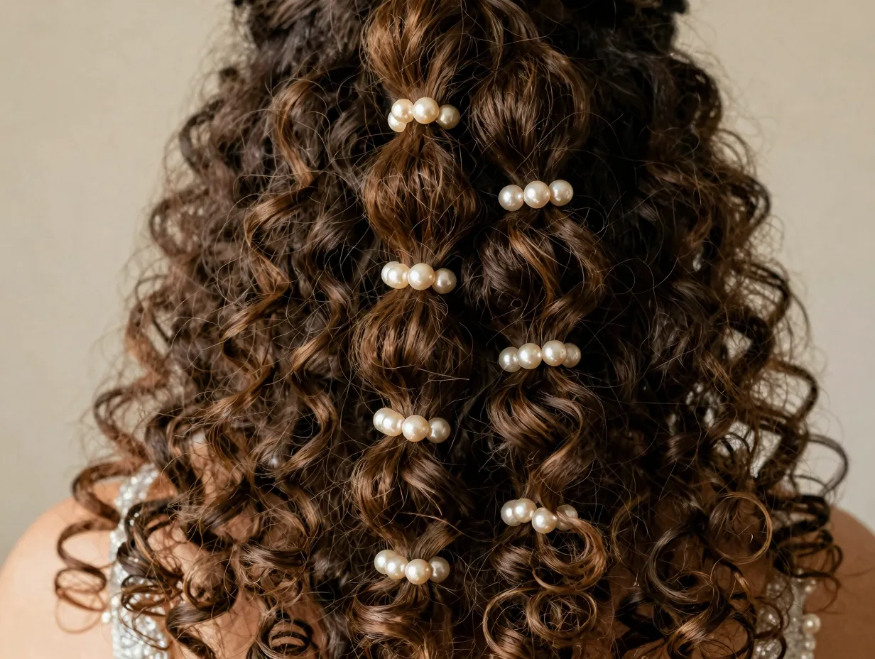 Accessorized statement curly ponytail with pearl hair cuffs
