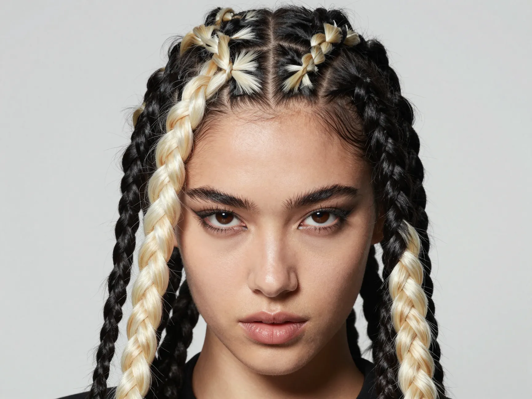 Color blocked look with black cornrows and platinum braids