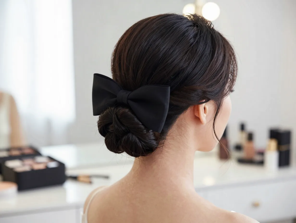 Elegant bridal bow updo wedding black tie advanced hairstyle